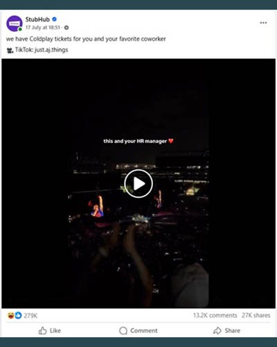 Stubhub post about the coldplay concert kiss cam
