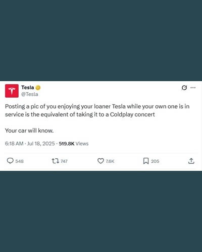 Tesla post about the coldplay concert kiss cam