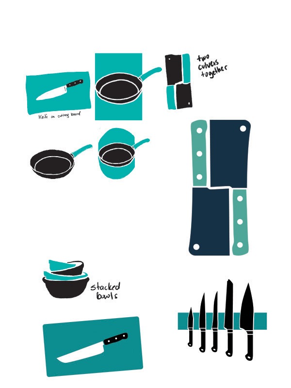 Kitchen utensils and items to help build out a logo design.